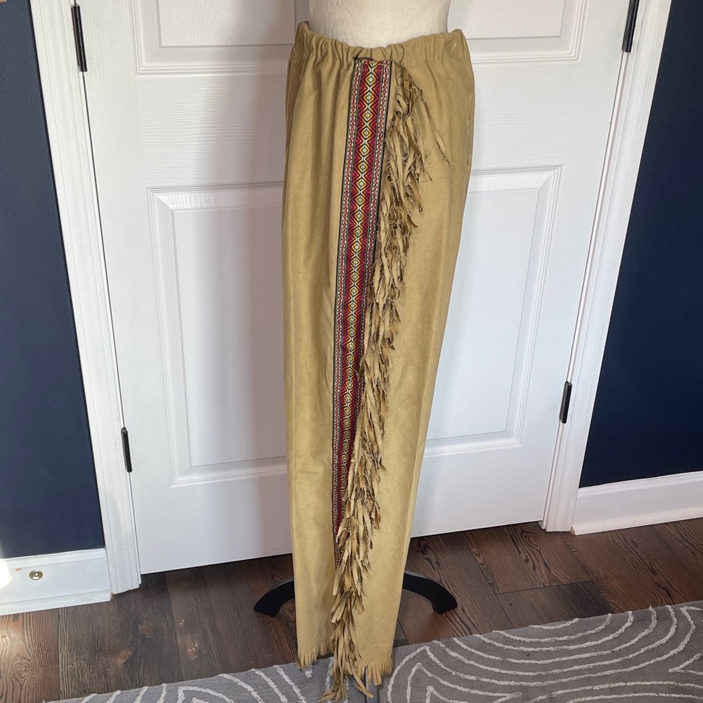 Vintage Handmade Hippie Boho Fringe‎ Embroidered Sides Tan Pull On Pants